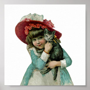 Poster Fille à Bonnet avec Kitten de Noël