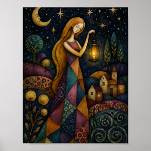 POSTER FILLE À LA LANTERNE SOUS UN CIEL ÉTOILÉ BLEU