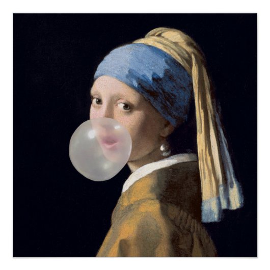 Poster Fille à oreille perle soufflant une gomme à bulles (Devant)