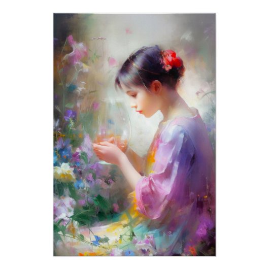 Poster Fille admirant une fleur dans ses mains (Devant)