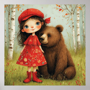 Poster Fille adorable et ours dans une forêt fantaisiste