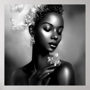 Poster Fille africaine noir blanc papillon monochrome