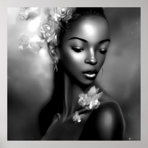 Poster Fille africaine noir blanc papillon monochrome 2