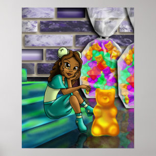 Poster Fille afro-américaine et ours gommeux
