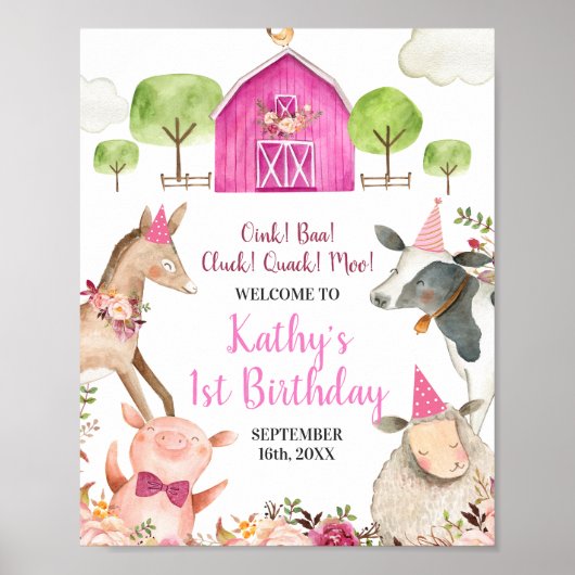 Poster Fille Animaux de ferme Barnyard 1er anniversaire B (Devant)