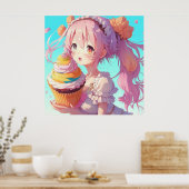 Poster Fille Anime avec Cupcake Whimsical (Cuisine)