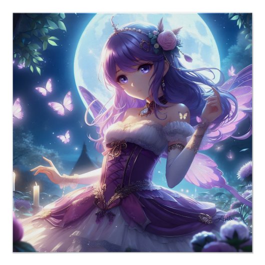 Poster Fille Anime Papillon Violet Aile Lune Fée (Devant)