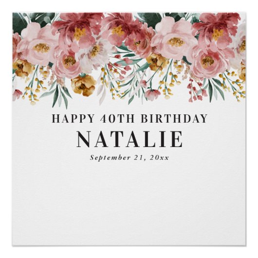 Poster Fille aquarelle florale éditable âge anniversaire (Devant)