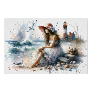 Poster Fille aquarelle romantique près d'un phare