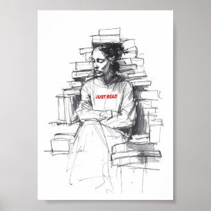 Poster Fille assise sur le trône du livre - "Just Read"