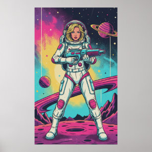 Poster Fille astronaute rétro-futuriste