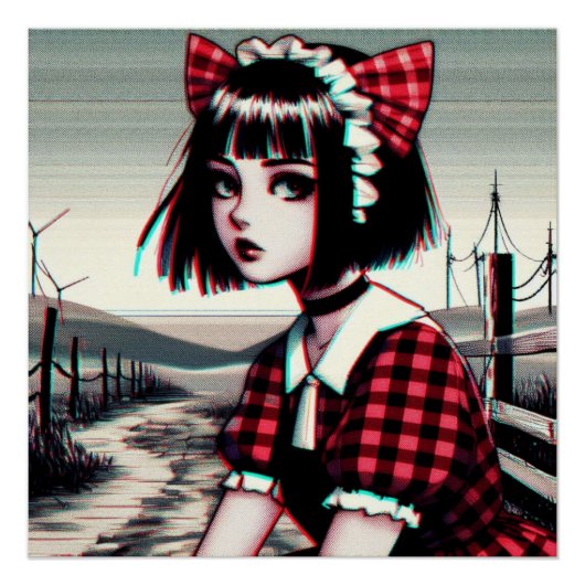 Poster Fille au chat à Tartan (Devant)