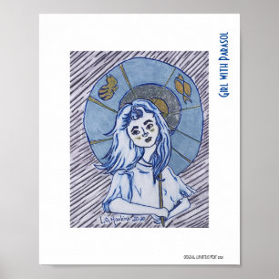 Poster Fille au parasol, portrait à l'encre bleue sur un
