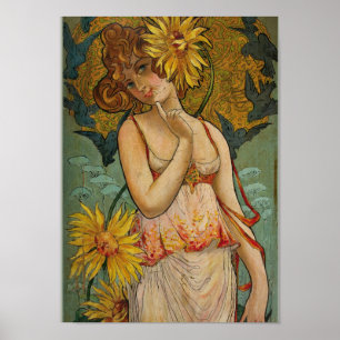 Poster Fille aux tournesols