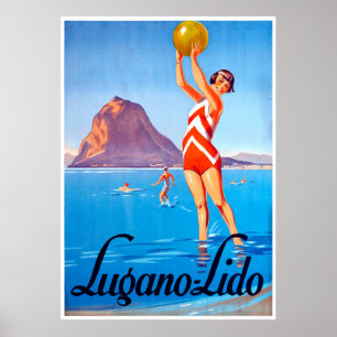 Poster Fille avec balle de plage sur le lac Lugano, Suiss