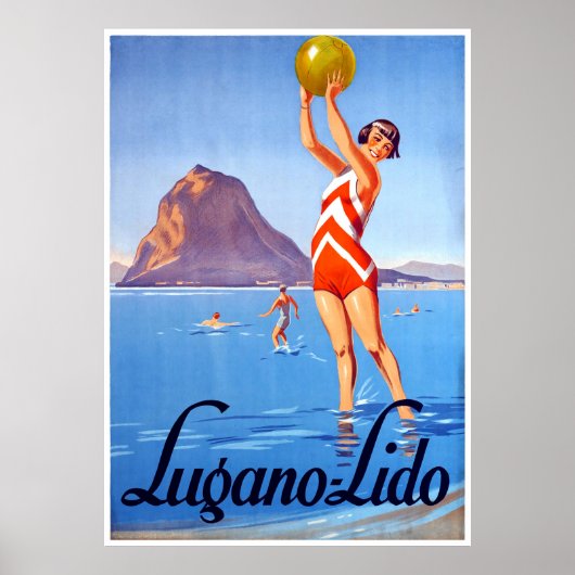 Poster Fille avec balle de plage sur le lac Lugano, Suiss (Devant)