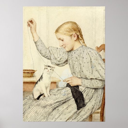 Poster Fille avec chat, Albert Anker (Devant)