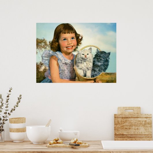 Poster Fille avec chatons (Cuisine)
