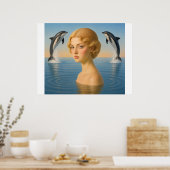 Poster FILLE avec DAUPHINS DANS L'OCEAN (Cuisine)