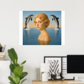 Poster FILLE avec DAUPHINS DANS L'OCEAN (Bureau à domicile)