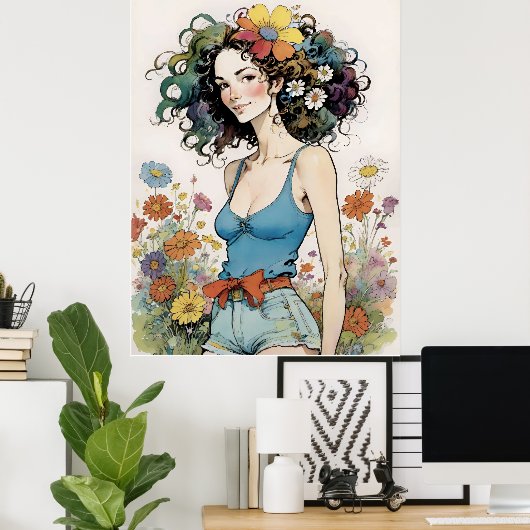 Poster Fille avec Fleur arc-en-ciel dans ses cheveux (Bureau à domicile)