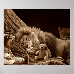 Poster Fille avec Lion et ours en peluche