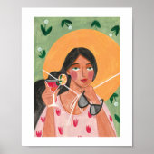 Poster Fille avec lunettes de soleil chapeau d'été fond f (Devant)