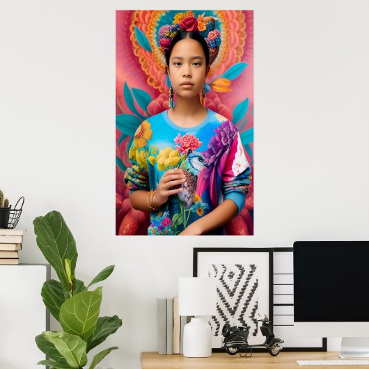 Poster Fille avec oiseau et pull à fleurs (Bureau à domicile)