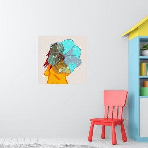 Poster Fille avec parapluie dans le dessin de pluie vent