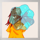 Poster Fille avec parapluie dans le dessin de pluie vent (Devant)