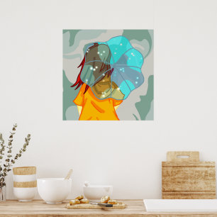 Poster Fille avec parapluie dans le vent pluie verte