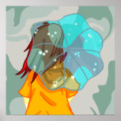 Poster Fille avec parapluie dans le vent pluie verte (Devant)