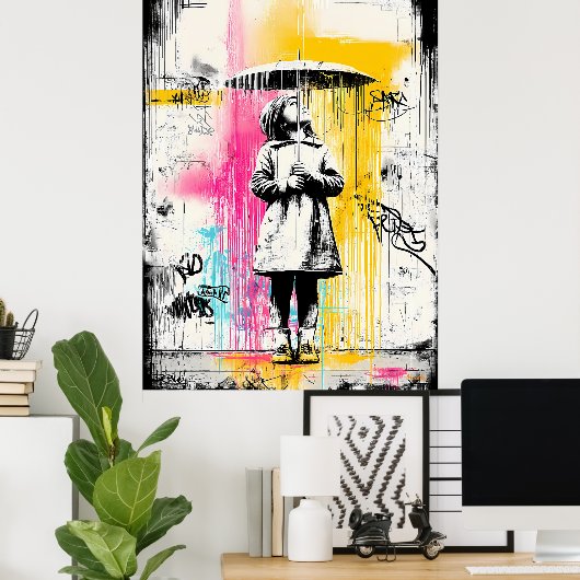 Poster Fille avec parapluie - Graffiti urbain Art de rue (Bureau à domicile)