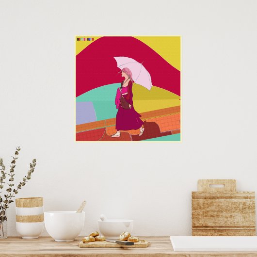 Poster Fille avec parapluie rose (Cuisine)