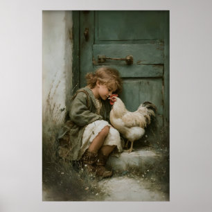 Poster Fille avec poulet imprimable, coq rustique
