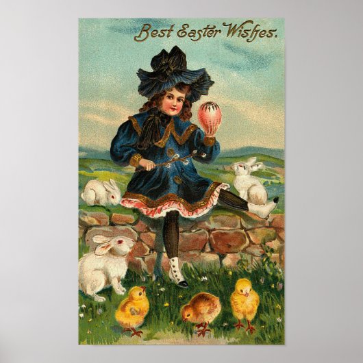 Poster Fille avec poussins et lapins Vintage Pâques (Devant)