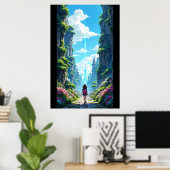 Poster Fille avec sac à dos marchant vers un cristal de f (Bureau à domicile)