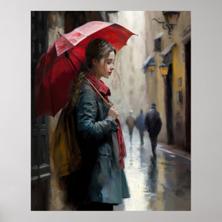 Poster Fille avec un parapluie rouge dans les rues de Par