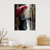 Poster Fille avec un parapluie rouge dans les rues de Par (Cuisine)