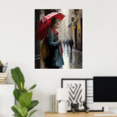 Poster Fille avec un parapluie rouge dans les rues de Par (Bureau à domicile)