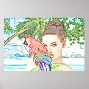 Poster Fille avec un perroquet