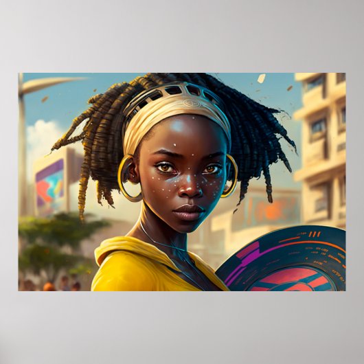 Poster Fille avec une frisbee dans une ville de l'avenir (Devant)