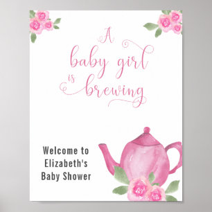 Poster Fille Baby shower Teapot rose et Fleurs Bienvenue