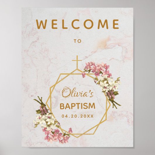 Poster Fille Baptême Marbre Floral Orchidées Or Bienvenue (Devant)