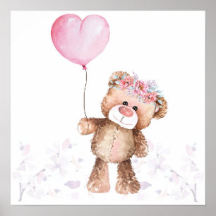 Poster - Fille Bébé Ours Avec Ballons