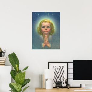 Poster Fille blonde angélique avec halo et étoiles priant