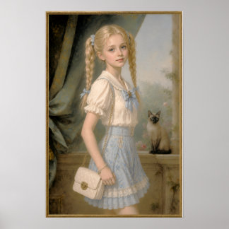 Poster Fille blonde avec un chat siamois