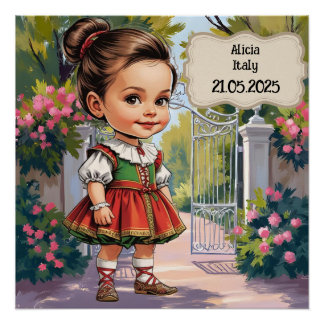 Poster Fille caricaturée habillée en italien vintage