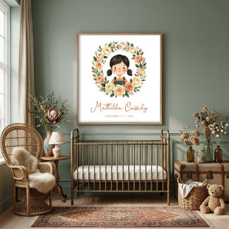 Poster Fille charmante avec couronne circulaire de roses