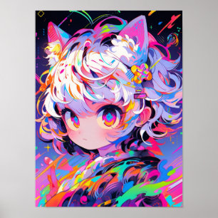 Poster Fille Chat Abstrait Néon Art Pop